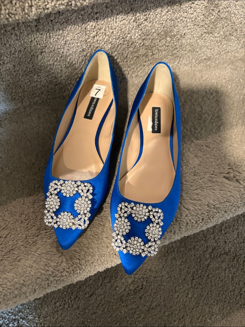 Women's Royal Blue Satin Pointed Toe Flats with Crystal Buckle